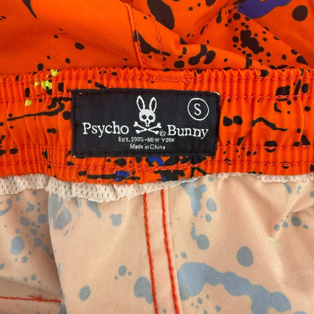 Psycho Bunny Mens Orange Paint Splatter Swim Trunks Shorts Size S
